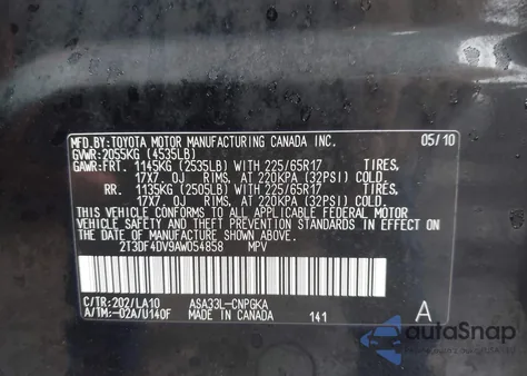 2010 Toyota Rav4 Limited from USA, damaged, VIN 2T3DF4DV9AW054858